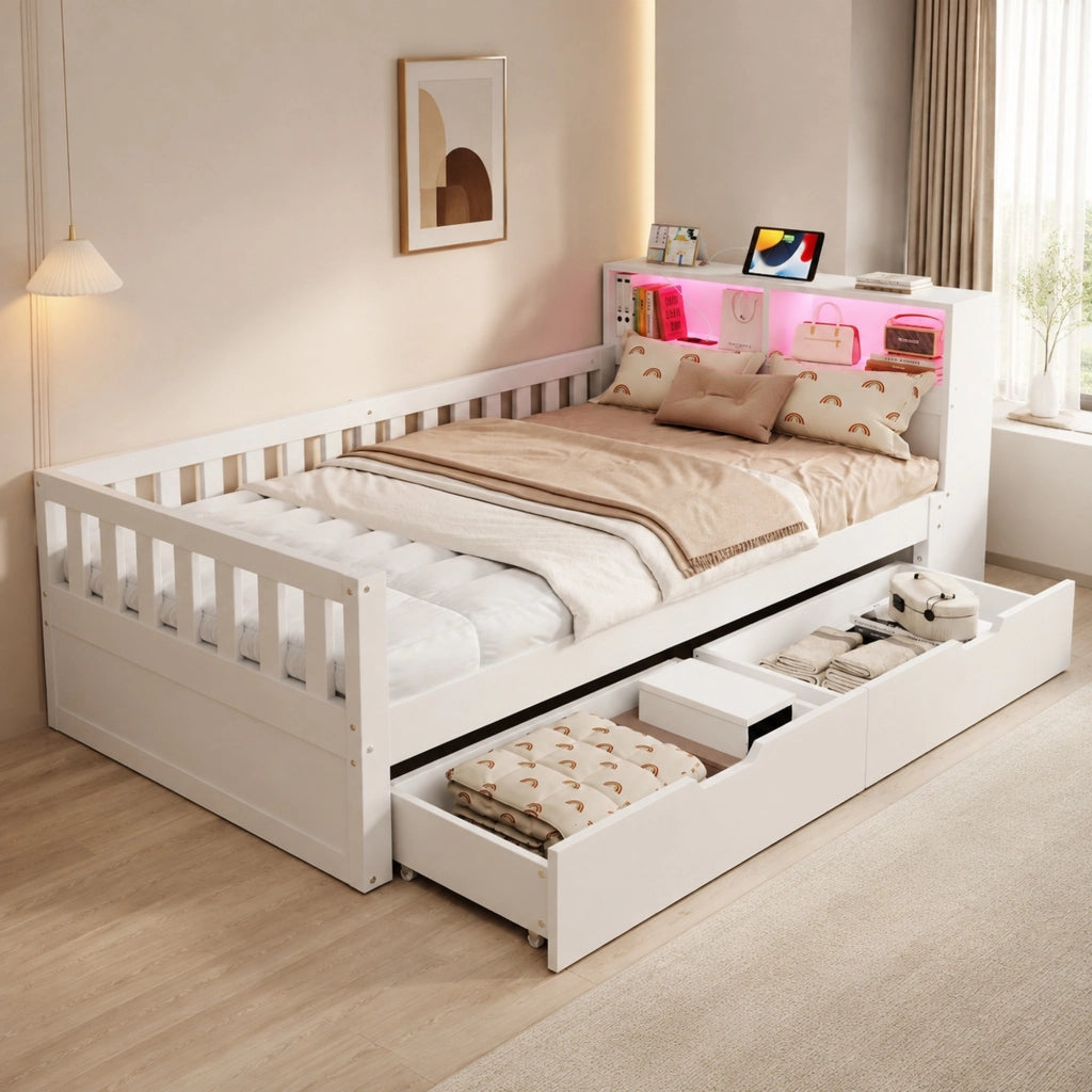 Letto multifunzione singolo con contenitori e LED