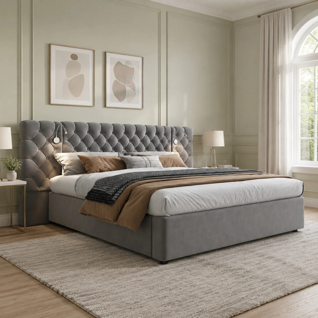 Letto 180x200 cm con contenitore idraulico, LED e rivestimento in velluto grigio