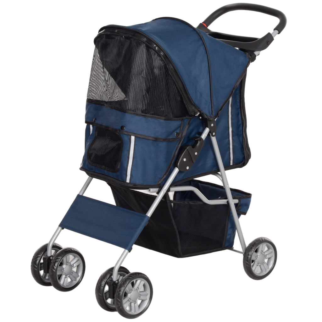 Passeggino per Cani Pieghevole con Cestino e Portabicchiere, Peso Max. 10 kg, 75x45x97cm, Blu Scuro