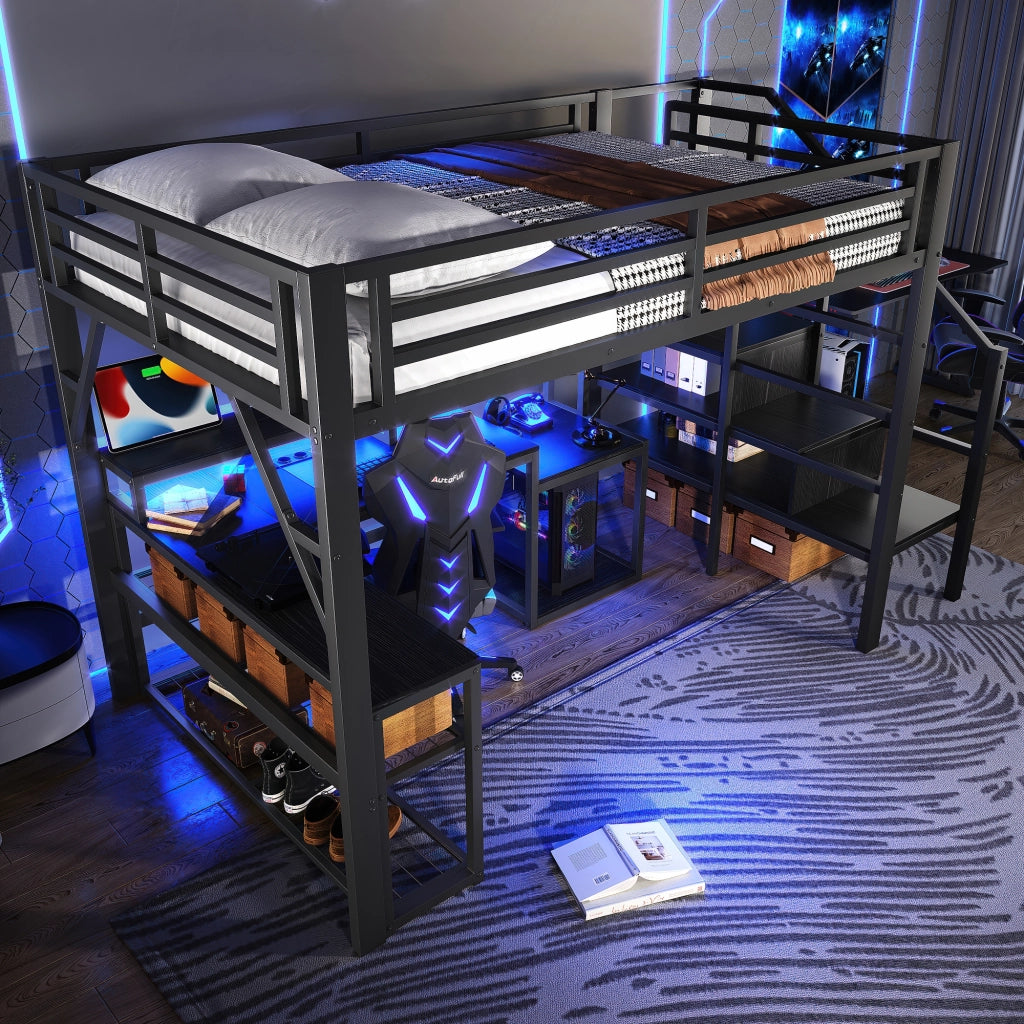 Letto a soppalco 140 × 200 cm con scrivania LED USB vani contenitore e ripiani in metallo e MDF nero