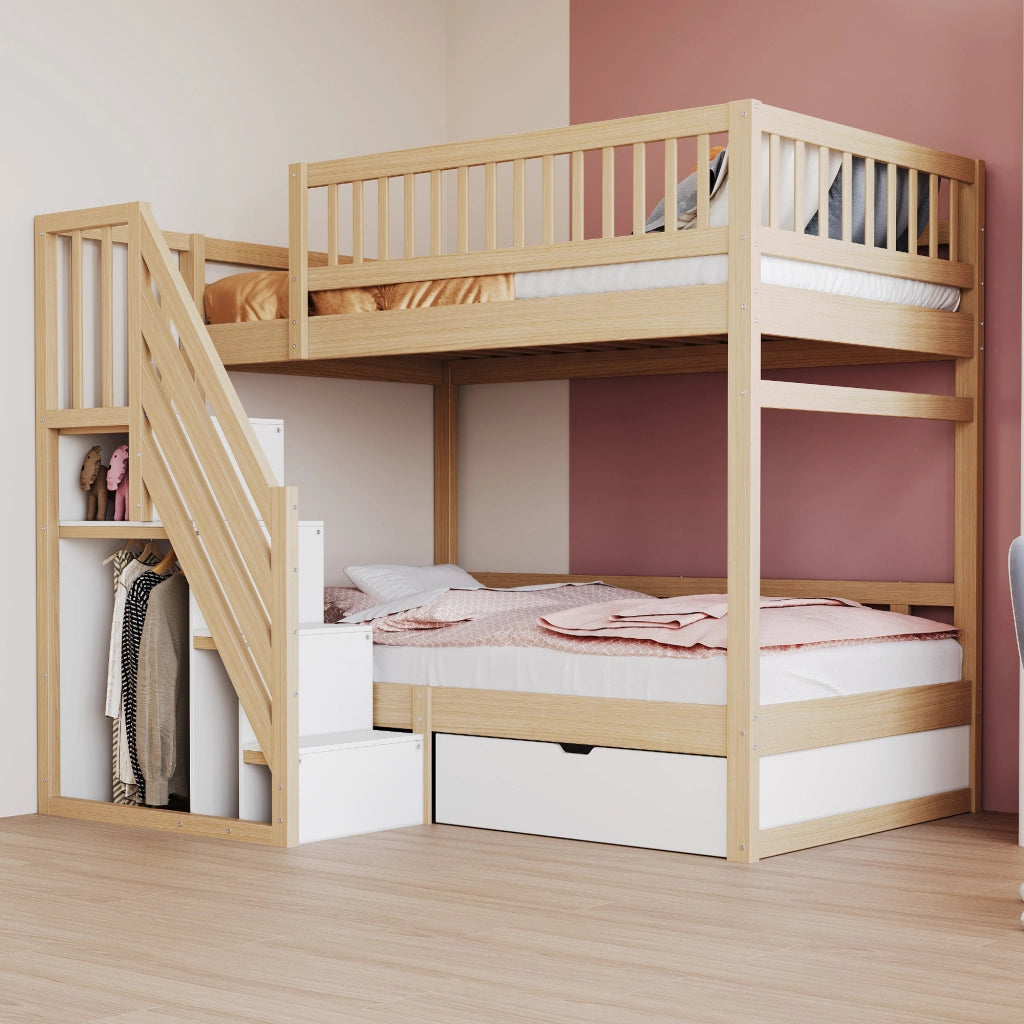 Letto a castello per bambini 90x200 cm con scala contenitore; cassetti; reti a doghe e sponde alte in legno