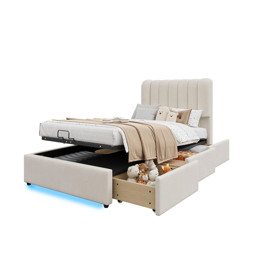 Letto contenitore per bambini 90 × 200 cm con vano idraulico, 3 cassetti e luce LED, senza materasso, velluto beige