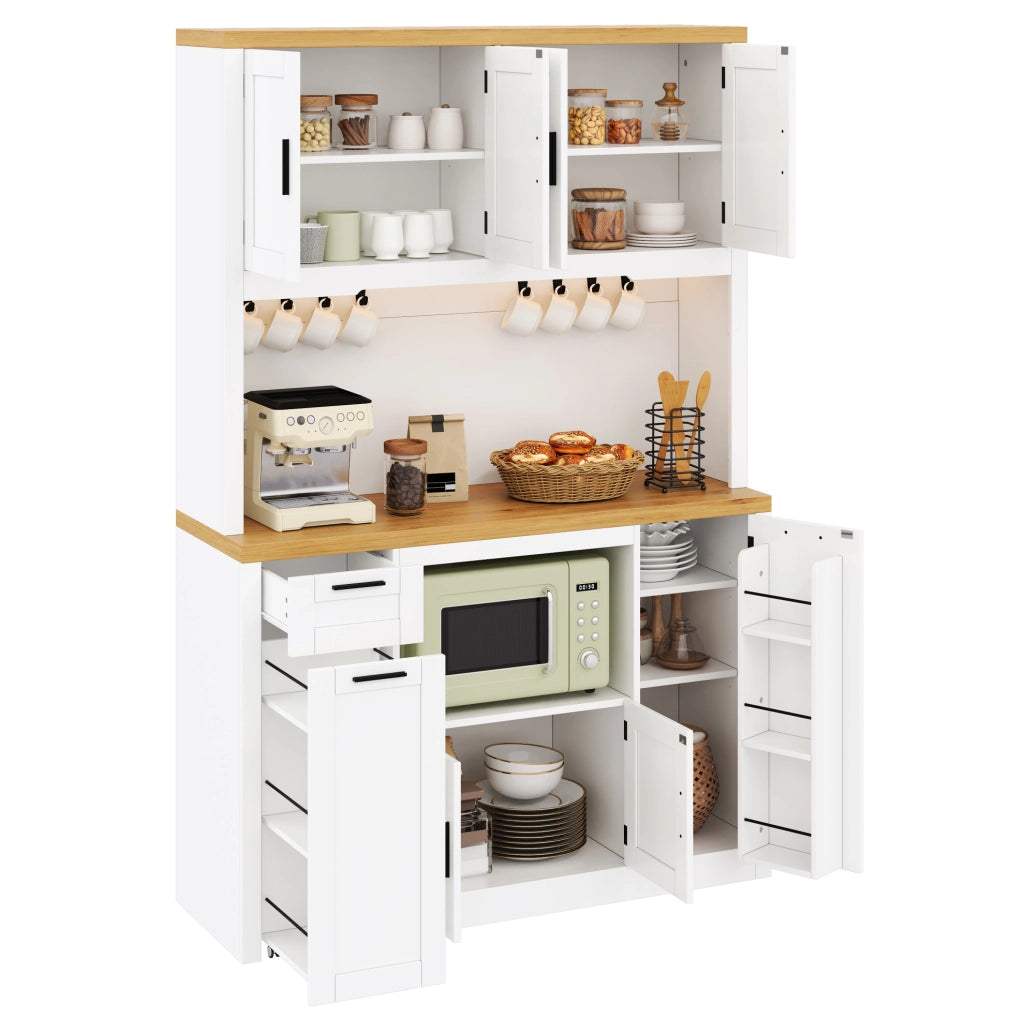 Mobile cucina 120x40x182 cm con LED RGB, prese e cassetti in MDF bianco e naturale
