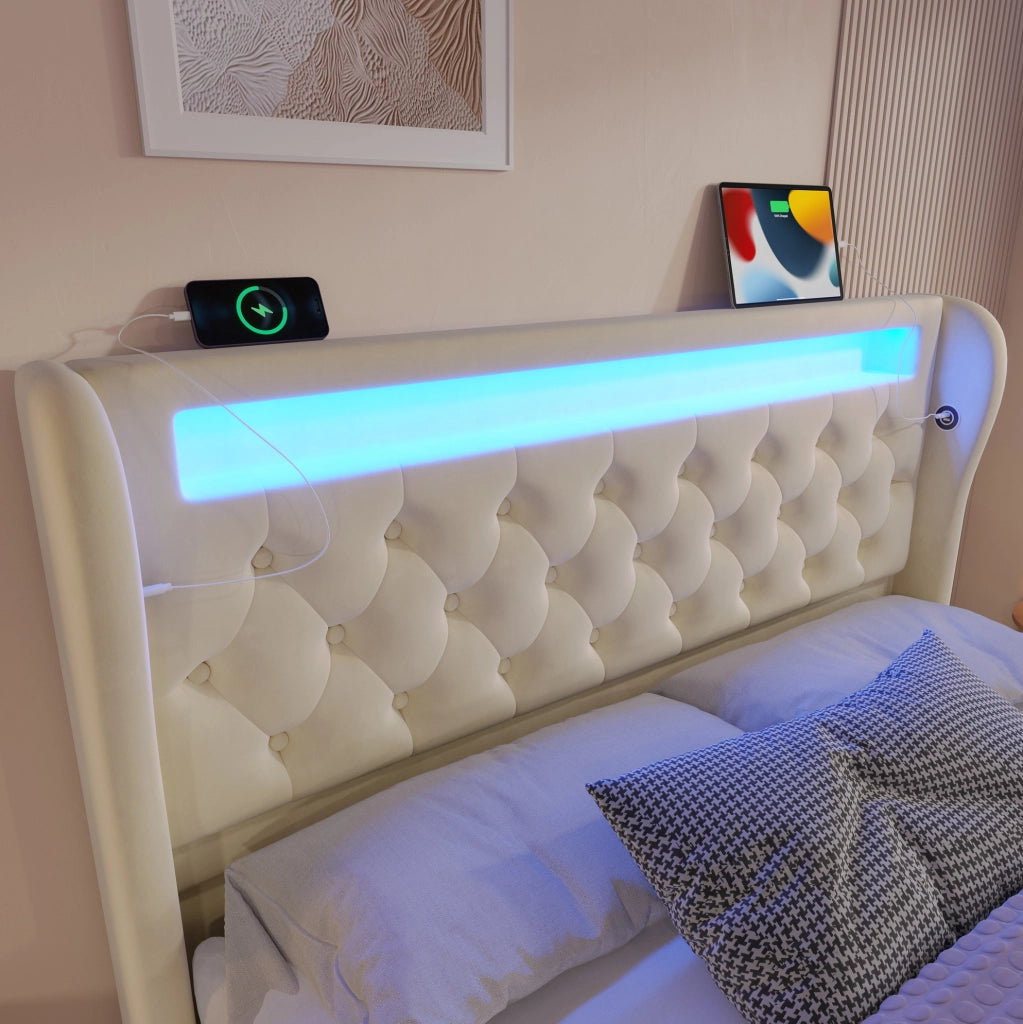 Letto imbottito 140x190 cm con contenitore idraulico, LED e USB-C, velluto beige