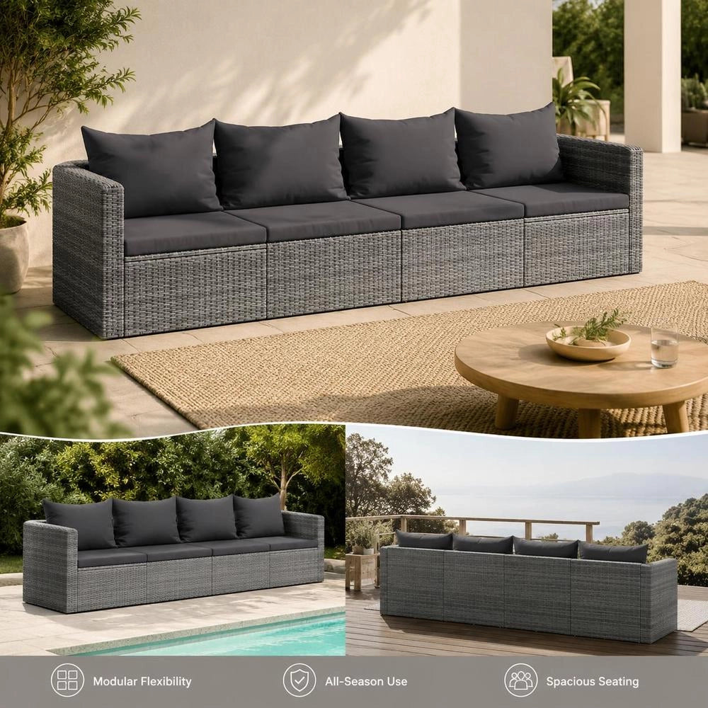 4-piece Garden Sofa Set With Cushions, Grey Poly Rattan
