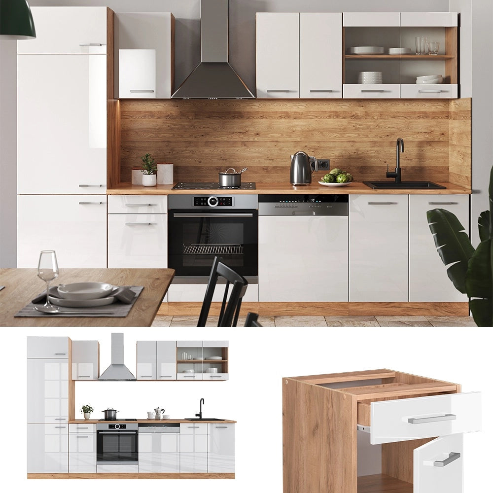 Cucina componibile R-Line Bianco lucido/Rovere dorato 300 cm, PL Rovere Vicco