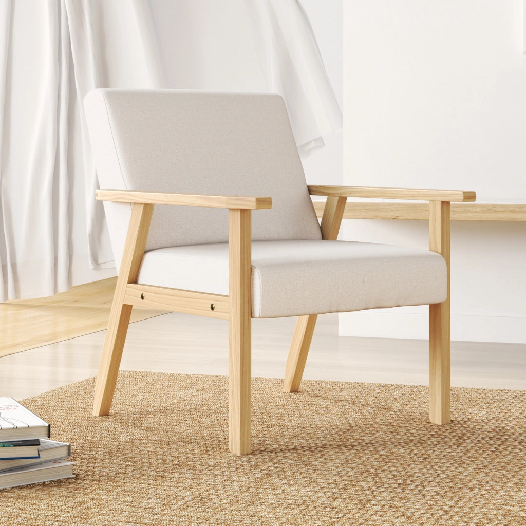 Poltrona con braccioli in tessuto effetto lino ¨C Xylo ¨C telaio legno massello crema 64x70x72 cm