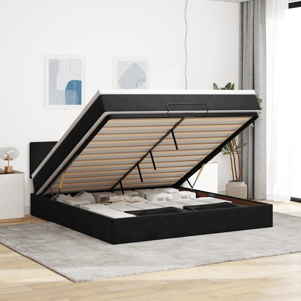 Struttura Letto Pouf con Materasso Nero 180x200 cm in Velluto 3312640