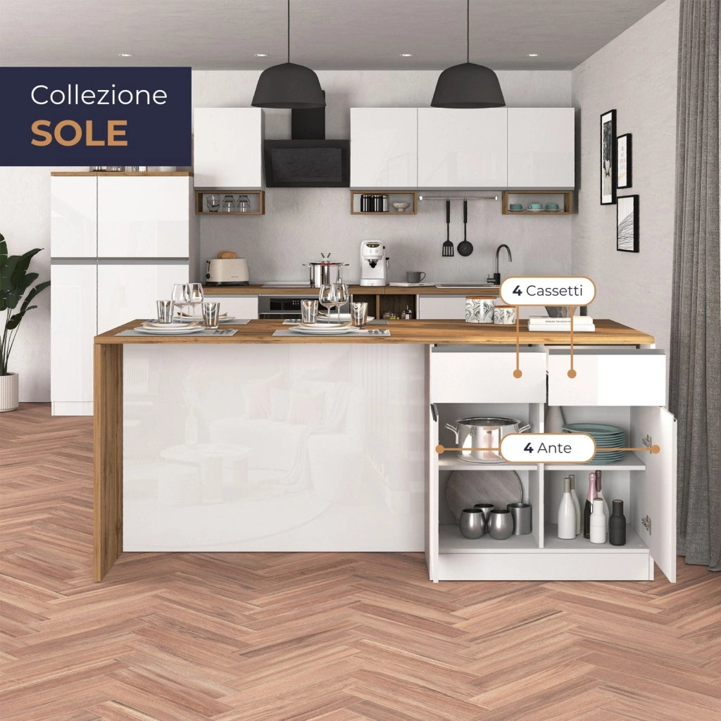 WHOUS Isola da cucina Sole a 4 ante e 4 cassetti bianco lucido e rovere 200x90x90 cm