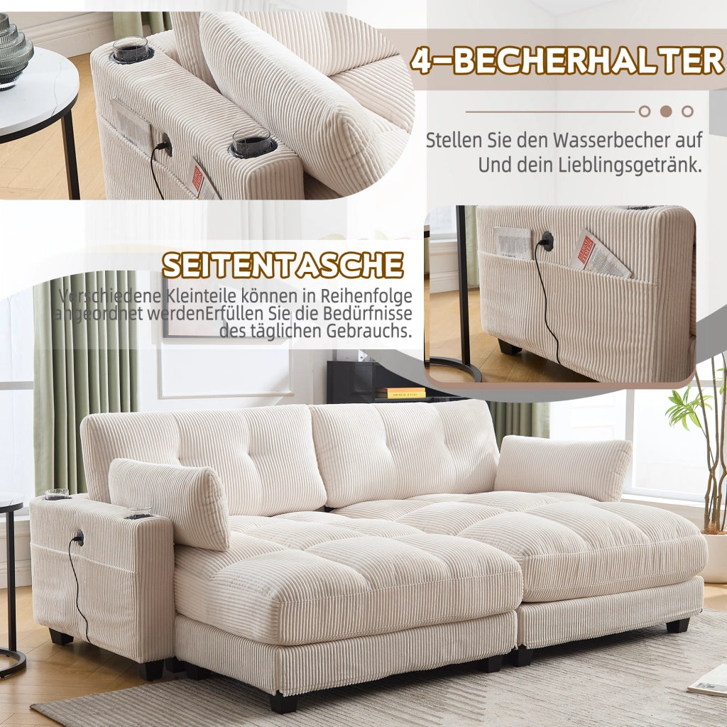 DIVANO Modulare 224x140x81 cm in Corduroy Beige Divisibile in 2 Sedute