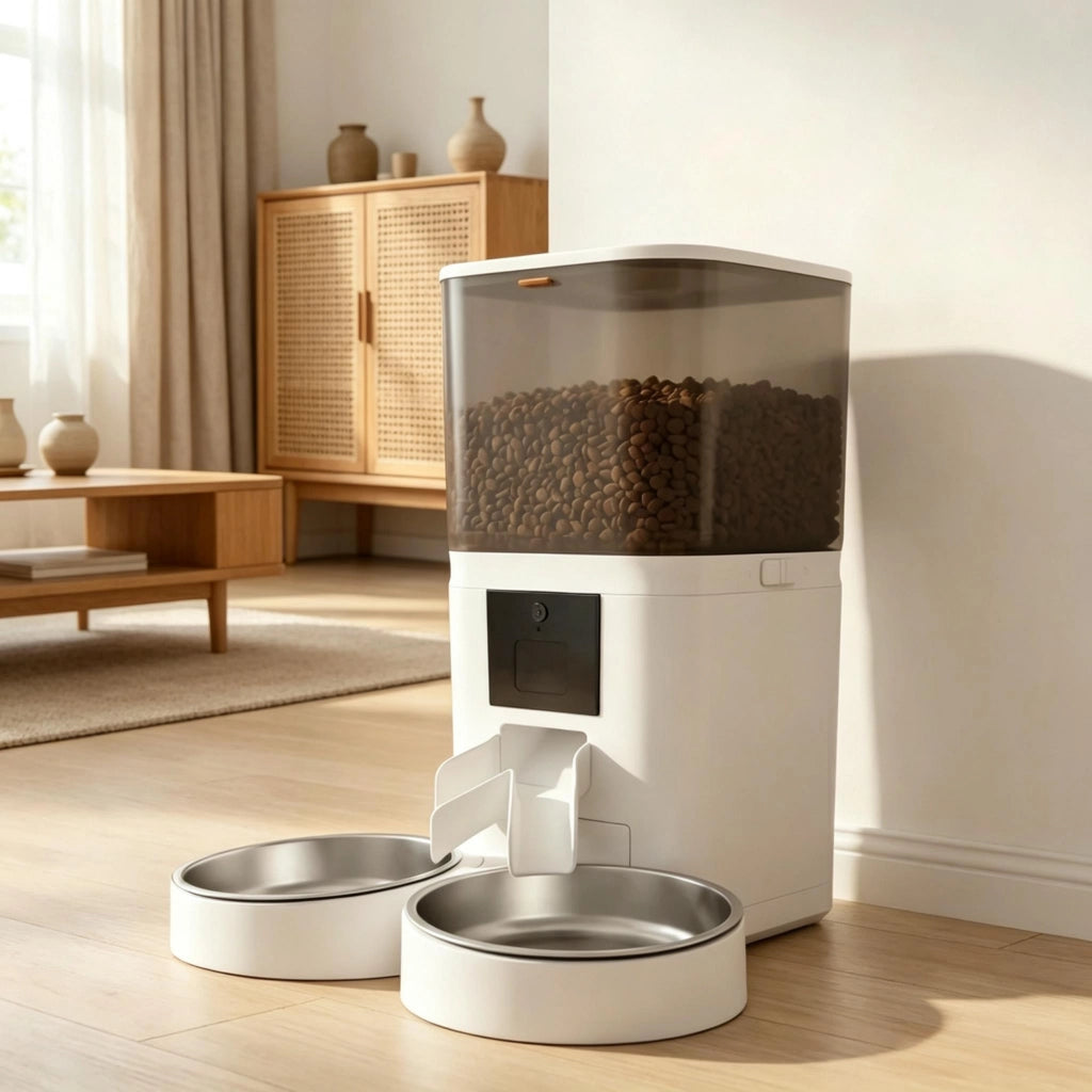 Distributore Automatico di Cibo per Gatti 6L, 2 Ciotole in Acciaio Inox, ABS, Wi-Fi Tuya, per 2 Animali (solo distributore automatico)