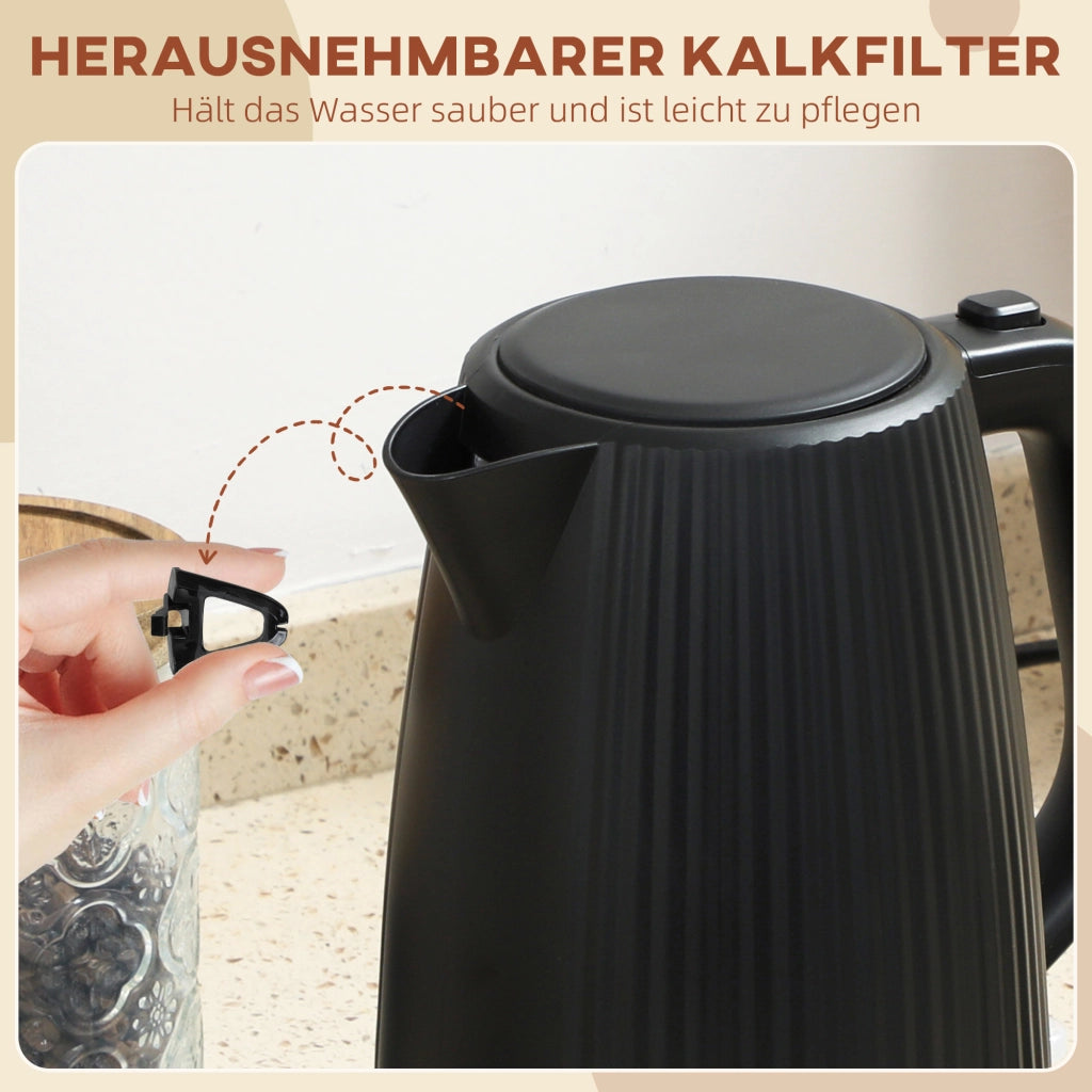 Bollitore elettrico 1,7 L 2200W nero a ebollizione rapida con filtro anticalcare rimovibile e spegnimento automatico per casa e cucina