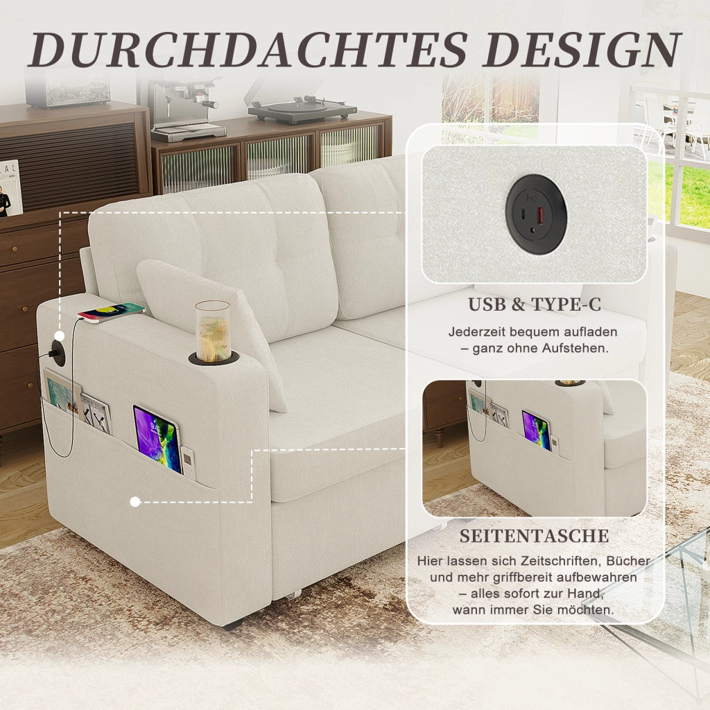 Divano a 2 posti con portabicchieri; vani laterali e USB - in chenille beige