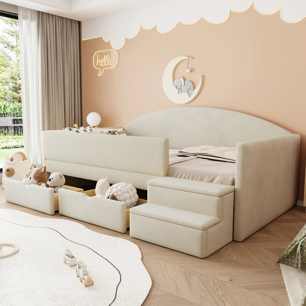 Letto per bambini imbottito 90 × 190 cm in velluto beige con due cassetti sponde gradini antiscivolo e rete a doghe