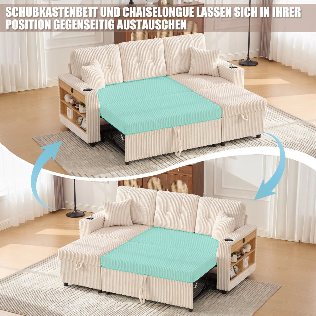 Divano letto estraibile in velluto a coste beige con vano contenitore USB-C e LED 196 × 82–144 × 85 cm