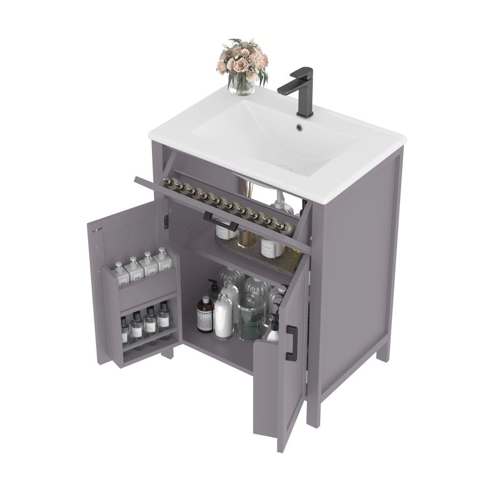 Mobile bagno da terra con lavabo in ceramica integrato, 60x46x84,8 cm, grigio, doppia anta, cassetti e ripiani regolabili
