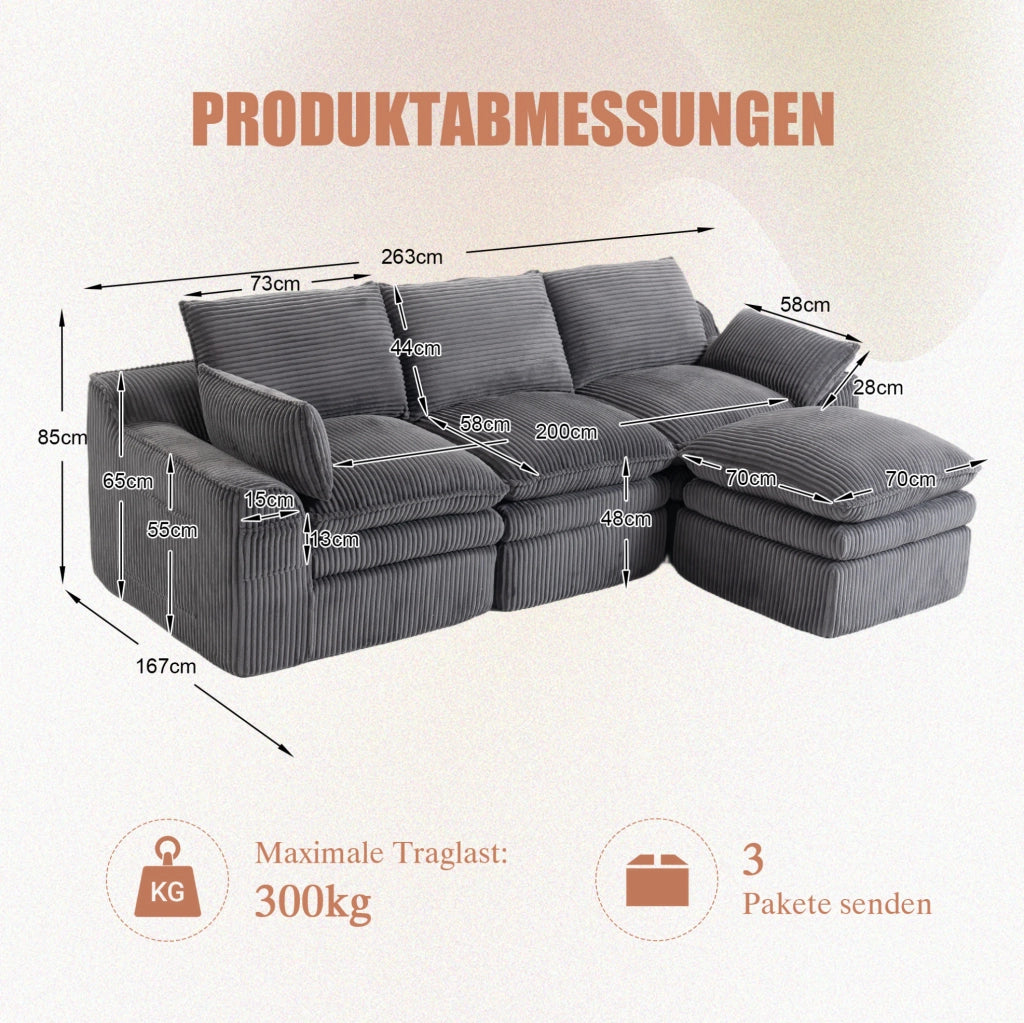 Divano modulare 3 posti in velluto a coste con pouf, cuscini e doppie tasche laterali, schiuma a 3 strati con molle per rapido ritorno elastico, colore grigio scuro, 263x167x85 cm