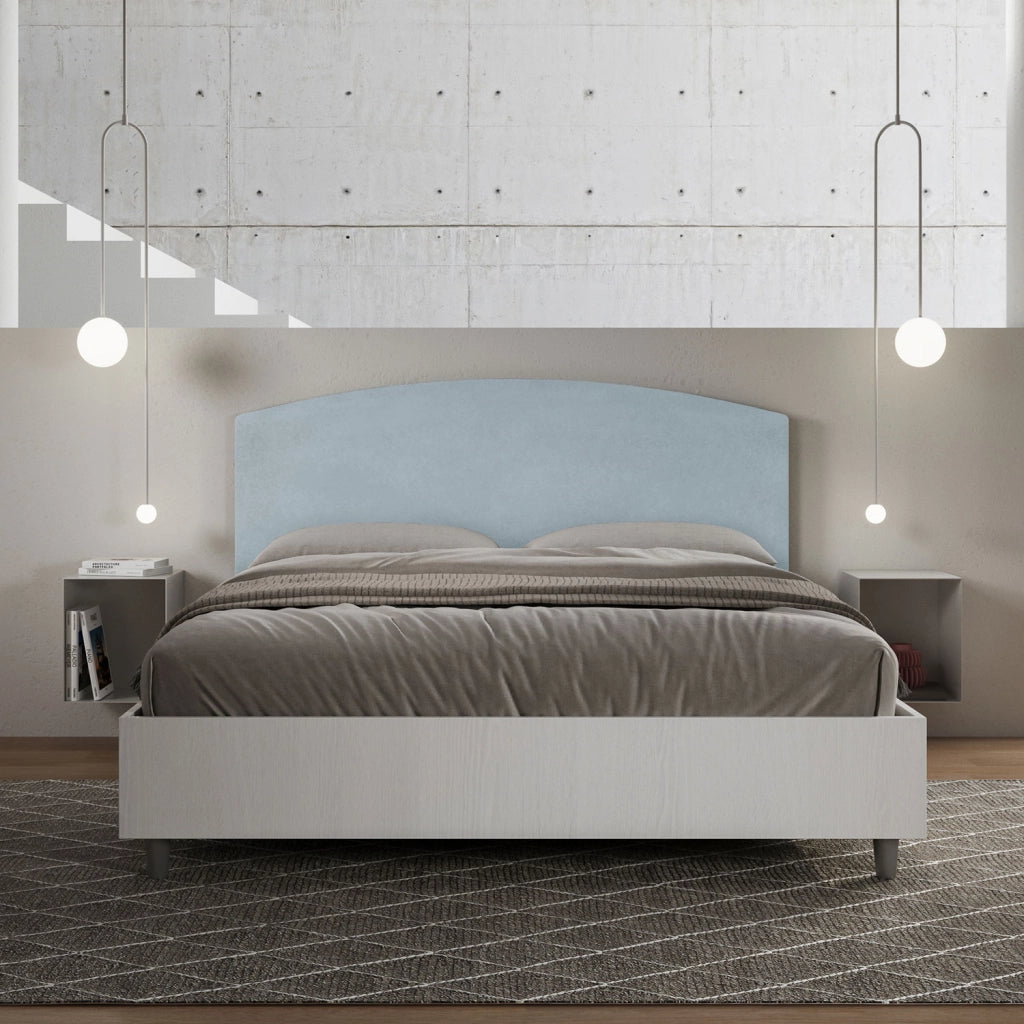 BS COM Letto matrimoniale contenitore 160x200 bianco frassino testata microfibra azzurro