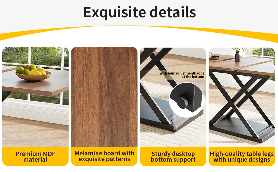 Tavolo da pranzo allungabile telescopico 120-160x80 cm, colore noce, gambe in ferro nero incrociate, salvaspazio per cucina e soggiorno