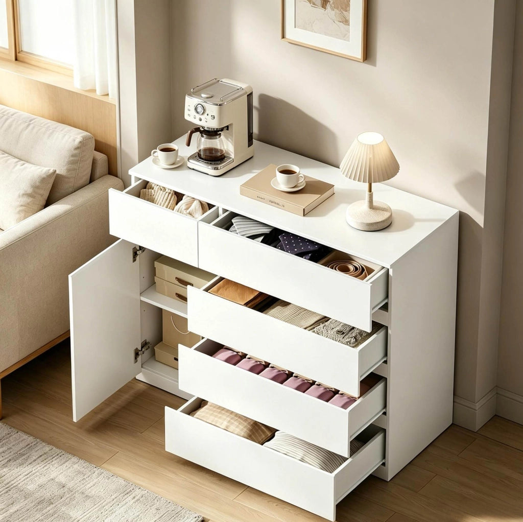 Mobile contenitore bianco moderno con 5 cassetti e armadio, 100x40x80 cm