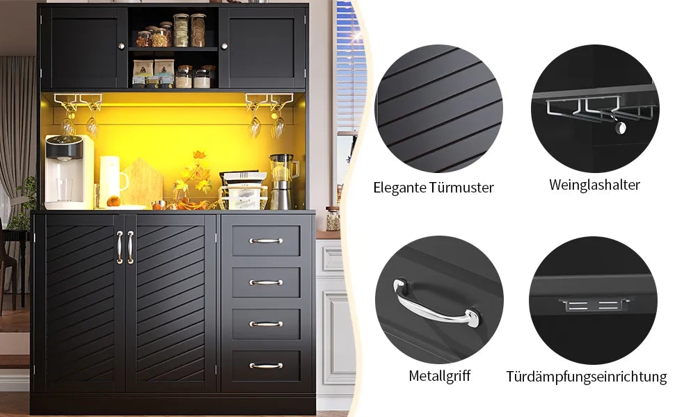 Mobile contenitore 120x40x188 cm, 4 ante e 2 grandi cassetti, con illuminazione LED, ripiano snack e portabottiglie, verde/nero/bianco
