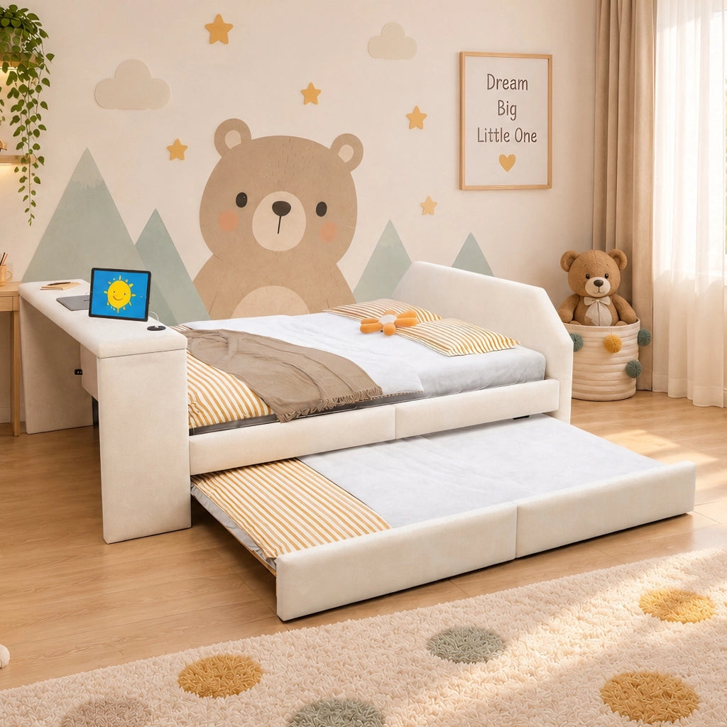 Letto imbottito 140x200 cm con scrivania, USB e letto estraibile in velluto beige