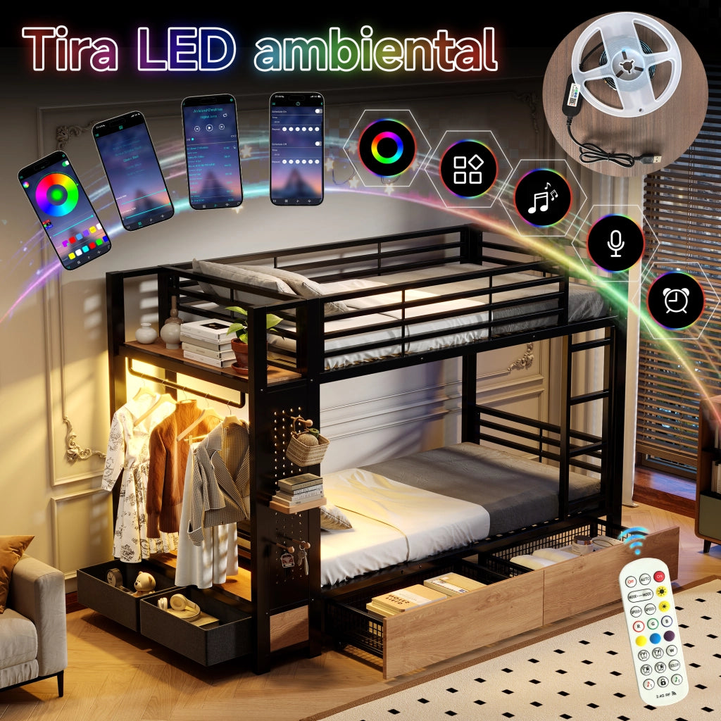 Letto a castello 90 × 200 cm con LED; cassetti; ripiani e barra appendiabiti in metallo e MDF nero