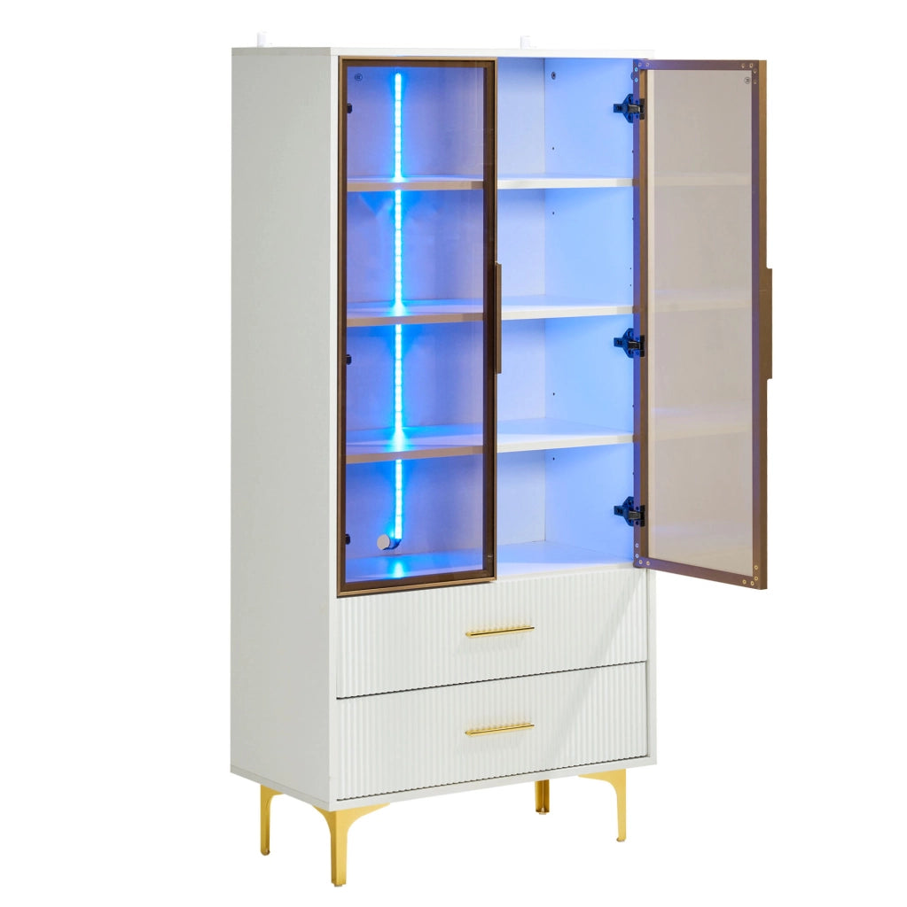 Vetrina elegante in bianco con ante in vetro tea, LED colorato e gambe dorate 70x35x150 cm