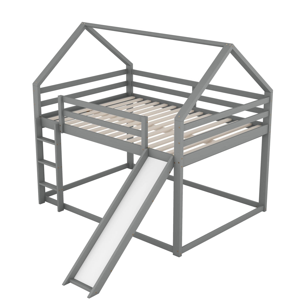 Letto a castello per bambini 140 × 200 cm 4 posti con scivolo e scala; senza materasso; in pino e MDF grigio