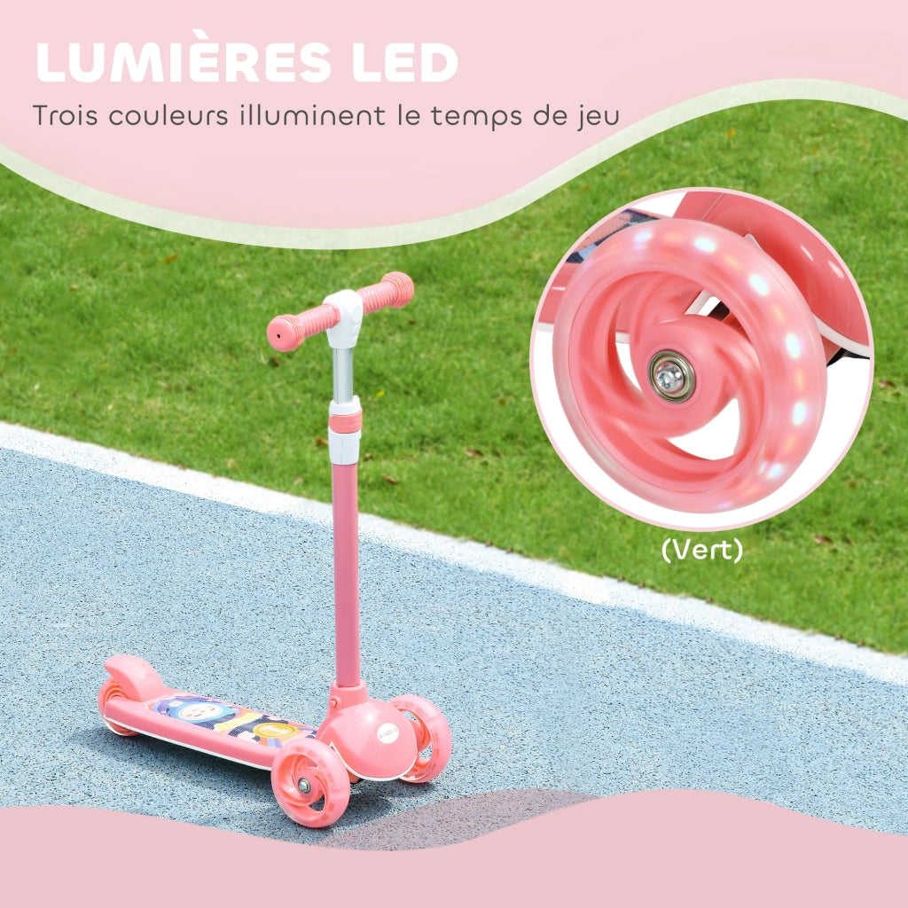 Monopattino per Bambini 3 Ruote con Luci LED Manubrio Regolabile e Freno Posteriore da 2 a 6 Anni Rosa