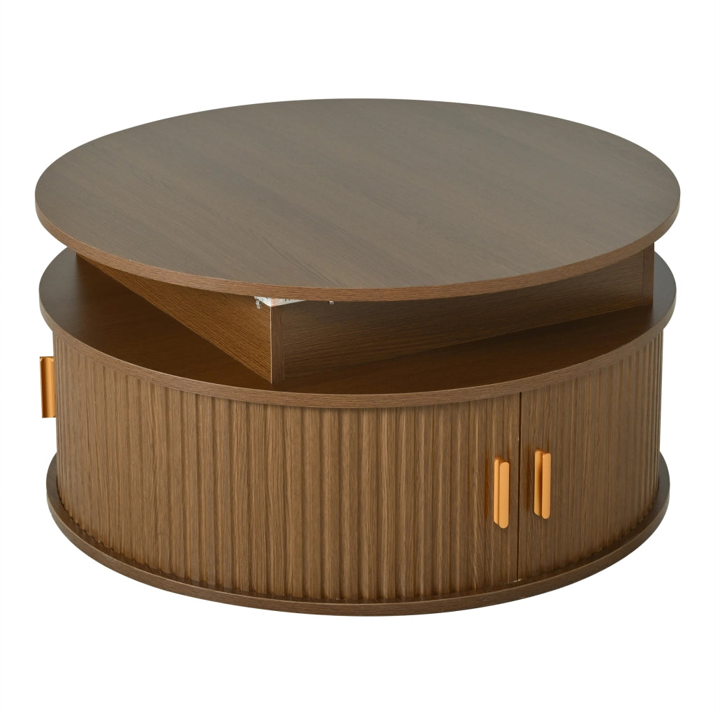 Tavolino da salotto rotondo 75 cm elevabile in MDF color noce con luce LED e vani contenitore