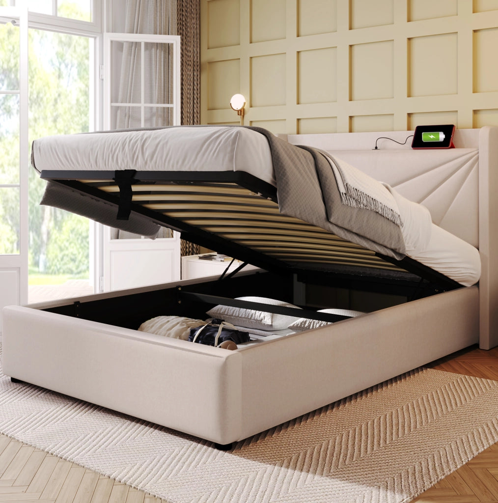 Letto singolo imbottito con contenitore 90x200 cm, struttura in lino con testiera USB Tipo C e rete a doghe