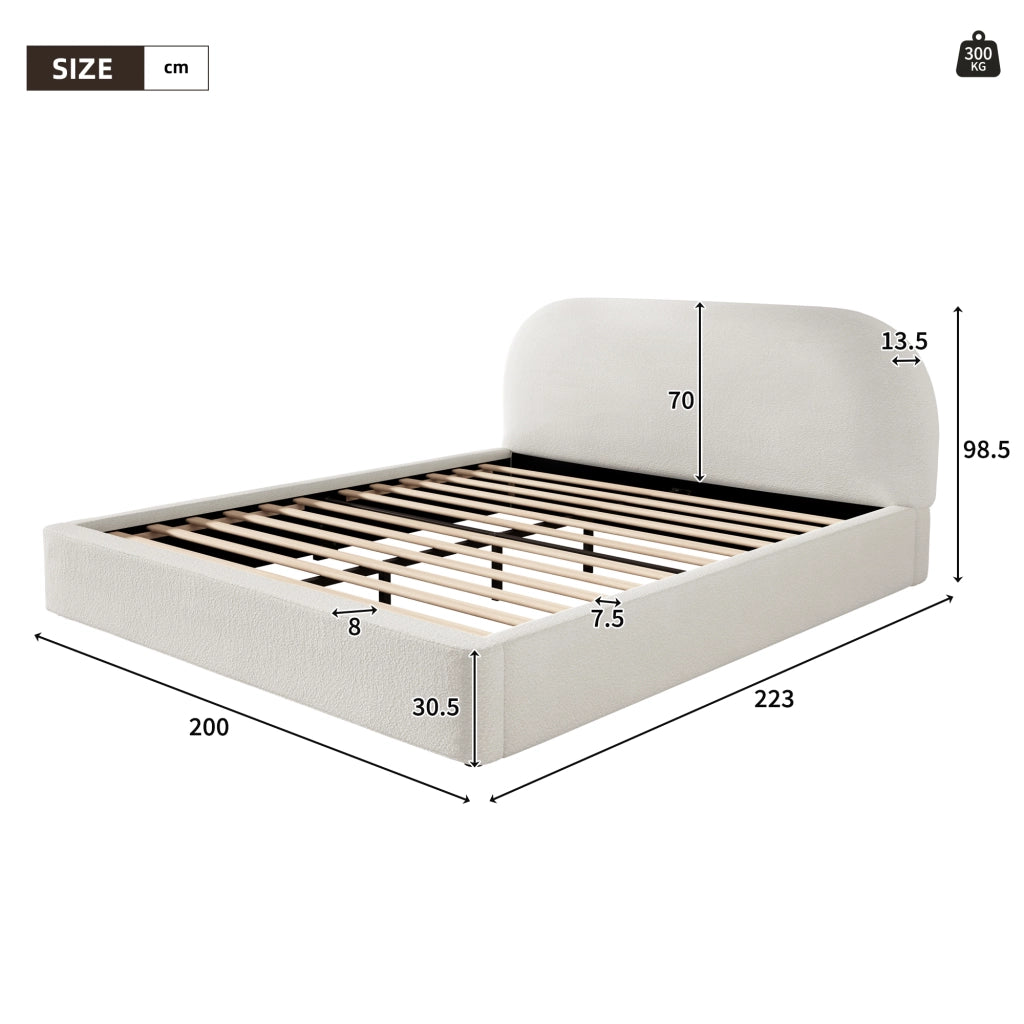 Letto imbottito con rete a doghe testiera imbottita in boucl¨¦ beige struttura con angoli arrotondati