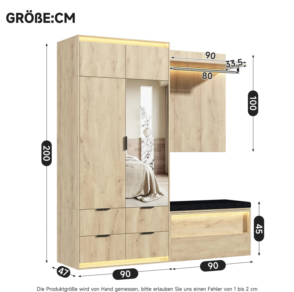 Set mobile ingresso 180x47x200 cm con armadio; specchio; panca imbottita e LED HOMVRA
