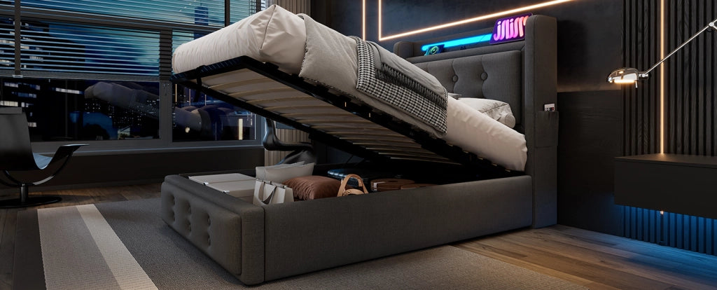 Letto singolo imbottito 90x200 cm con testiera in pelle, funzione di ricarica USB-C, struttura in legno e metallo, portata 150 kg, grigio