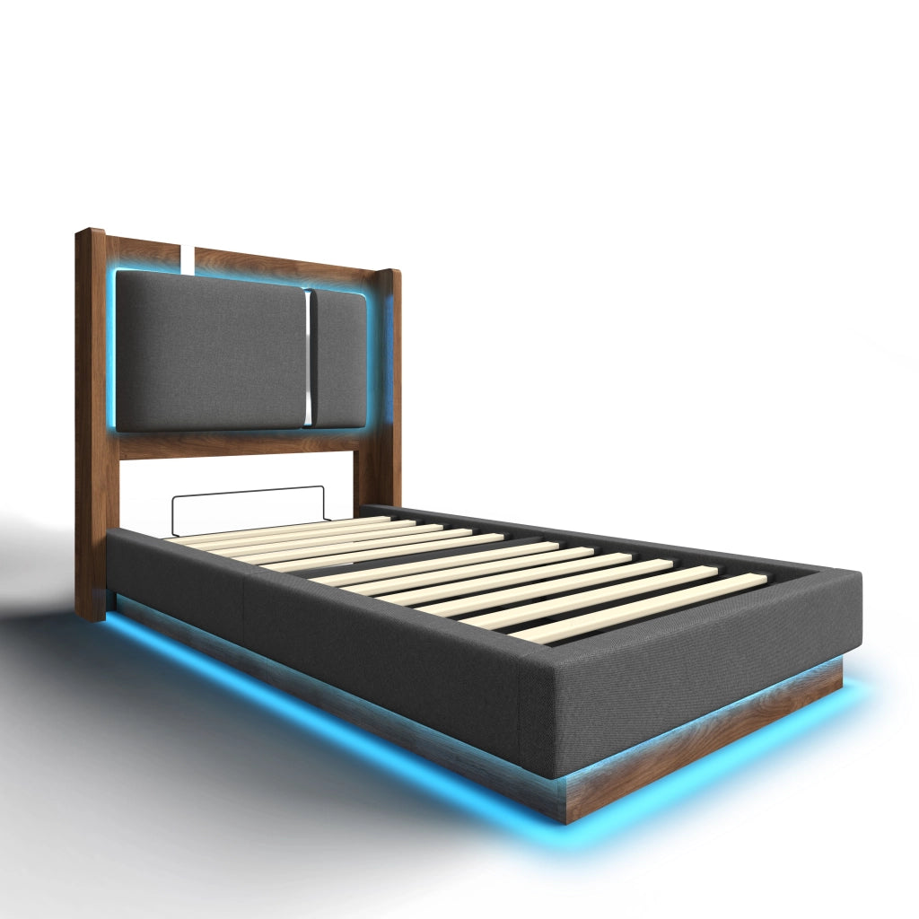 Letto contenitore singolo 90 × 200 cm con LED regolabile e sollevamento idraulico; senza materasso; grigio noce