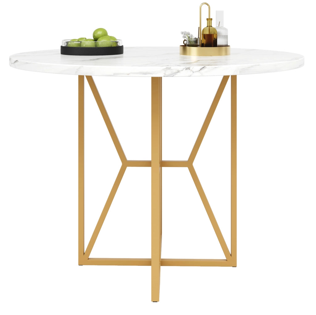 Tavolo rotondo 80 cm MDF effetto marmo, gambe metallo dorato, 4-6 persone