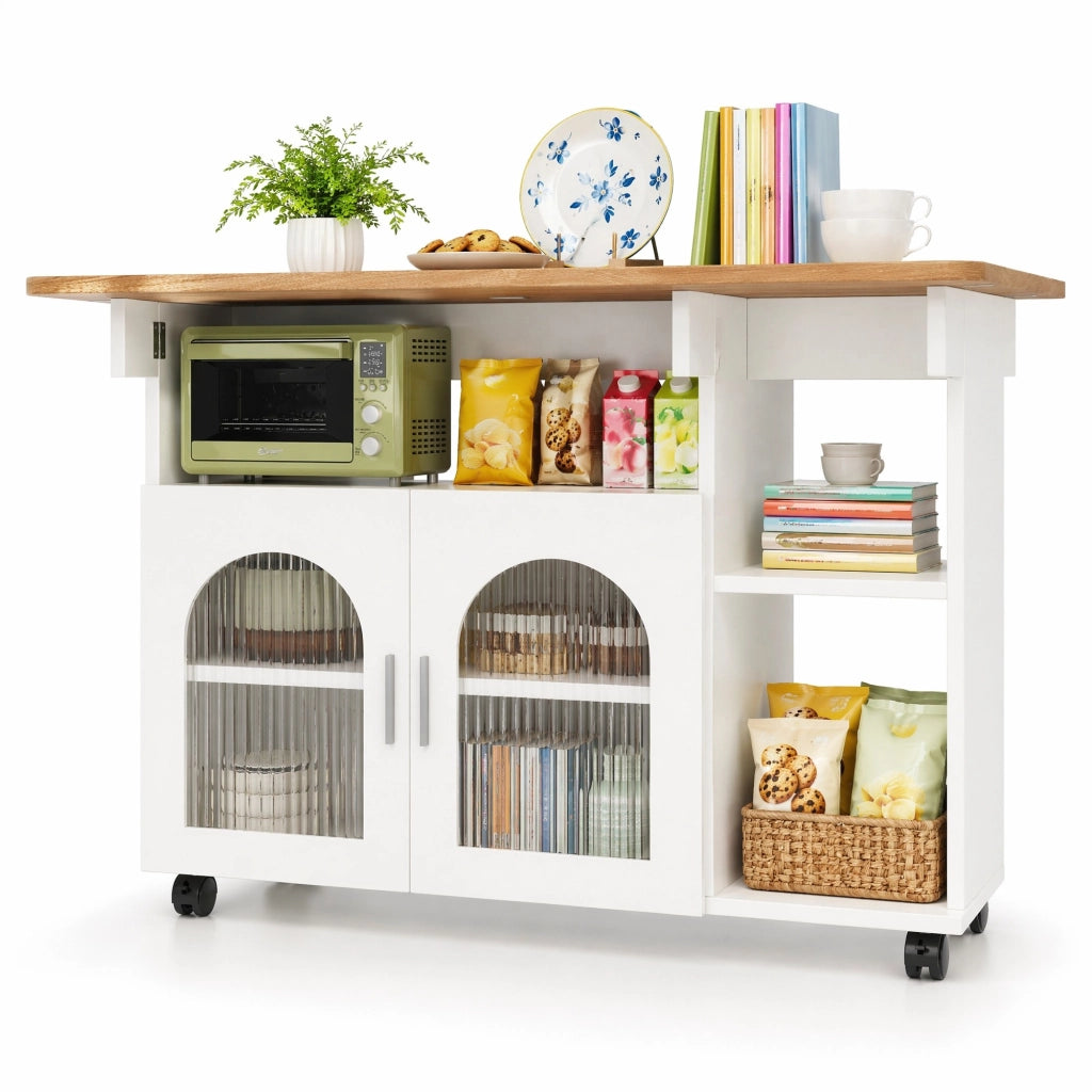 Isola cucina pieghevole con ruote e ripiani 120x30/70x79;5 cm in MDF bianco