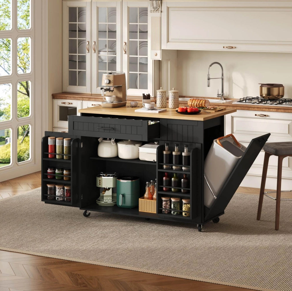 Isola da cucina mobile 130x70x93 cm con piano ribaltabile in MDF nero