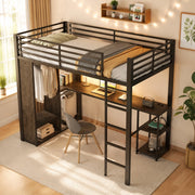 Letto a soppalco 90x200 cm nero con scrivania, LED e armadio aperto
