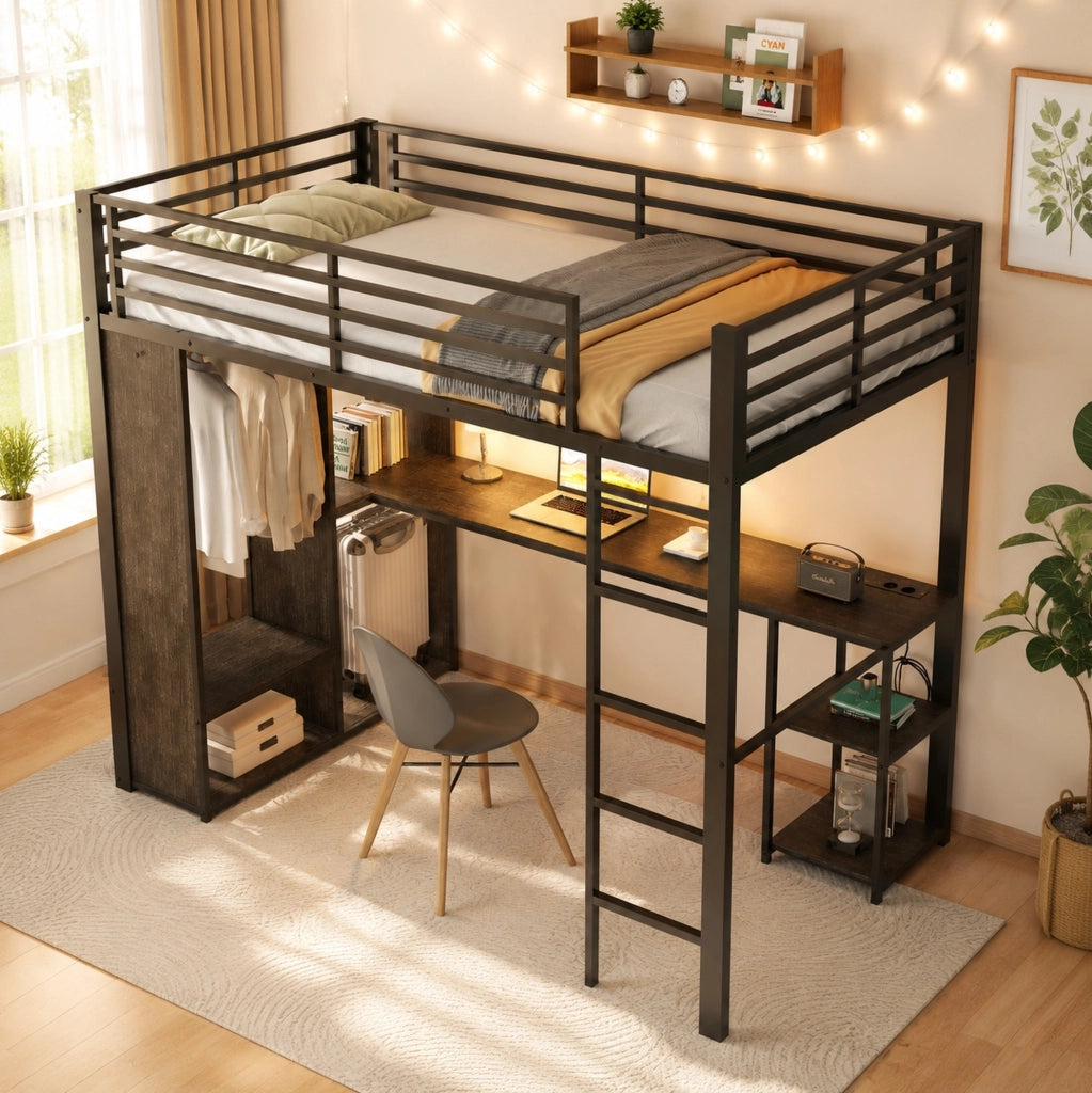 Letto a soppalco 90x200 cm nero con scrivania, LED e armadio aperto