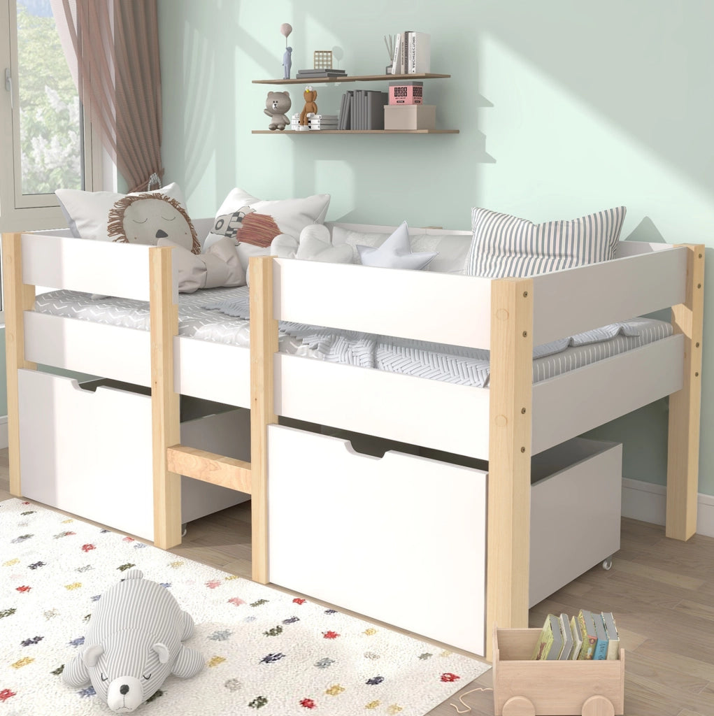 Letto semi-alto per bambini in pino massello; 90x190 cm; bianco; con scala e 2 cassetti