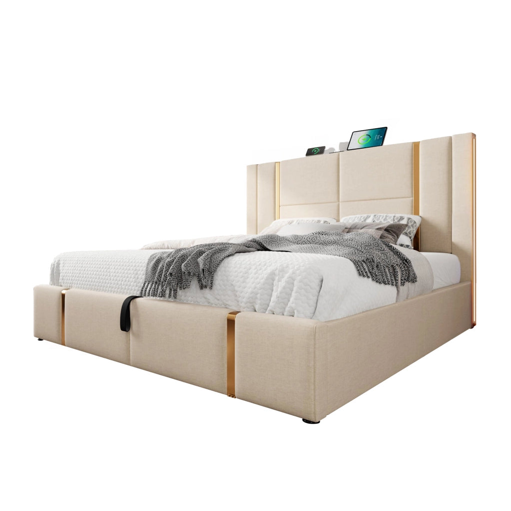 Letto 160x200 cm con contenitore, LED RGB, USB e USB-C in lino beige