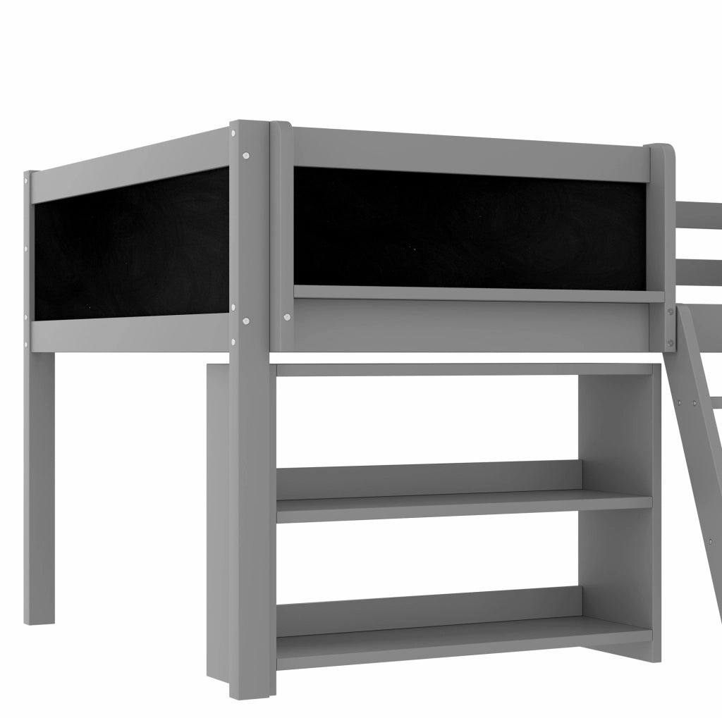Letto semialto 90x200 cm grigio con ripiani, lavagna, scala e protezioni