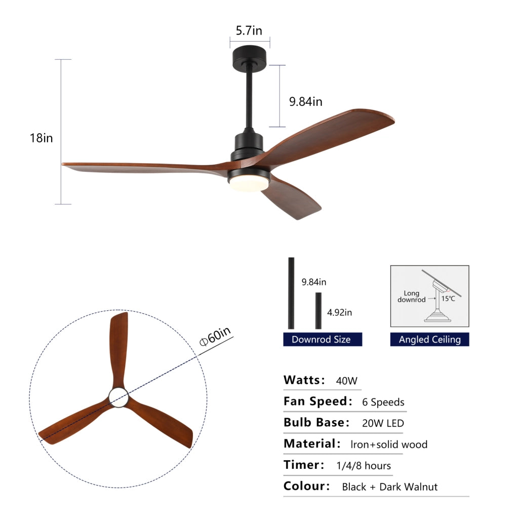 Ventilatore da soffitto 60" con pale in legno massello, motore DC reversibile silenzioso, illuminazione LED 3CCT regolabile, telecomando 6 velocità