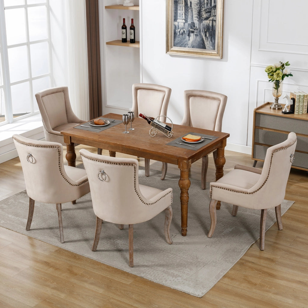 Sedia da Pranzo Imbottita con Gambe in Legno Massello e Velluto ¨C Xylo ¨C Beige, Set 6 Pezzi