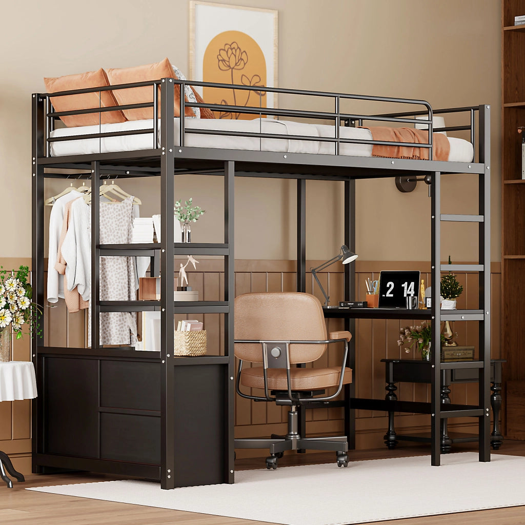 Letto a soppalco 90 × 200 cm con scrivania prese USB scaffali struttura in metallo e MDF nero