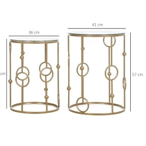 Set di 2 Tavolini da Salotto con Piano in Vetro, Design a Cerchi e Sfere, Ø41 x 57 cm, Oro
