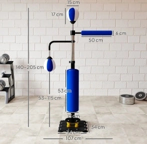 Supporto da palestra con due speedball, asta rotante e imbottitura kick, regolabile in altezza 140-205 cm, acciaio blu