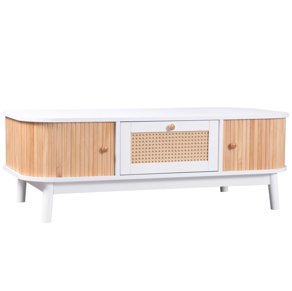 Tavolino da caffè in rattan con ante in legno massello, 110x55x38,5 cm, bianco e legno naturale